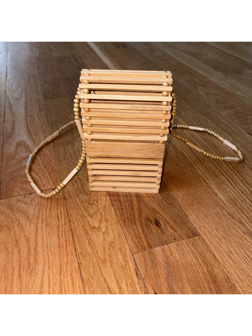 Vintage 60-70s Wooden Slat Handbag with Beaded Shoulder Strap – Boho Wooden Purs